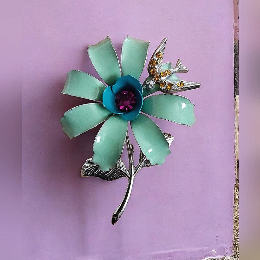 Beautiful Enamel Teal & Blue Silver Tone Flower Brooch With Bird Unsigned